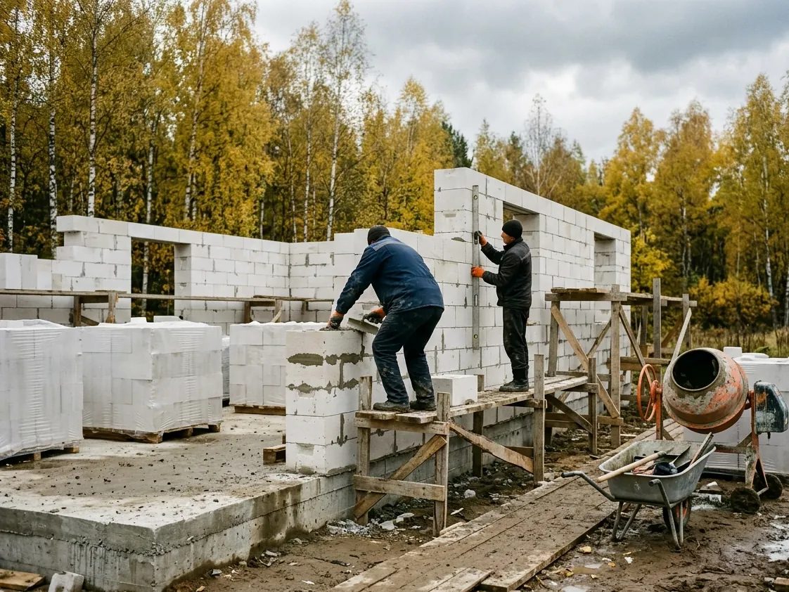 Кладка стен из газобетона на стройке