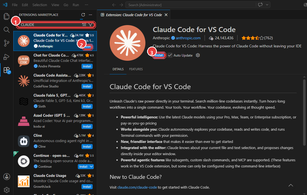 Магазин расширений VS Code: поиск CLAUDE и кнопка Install